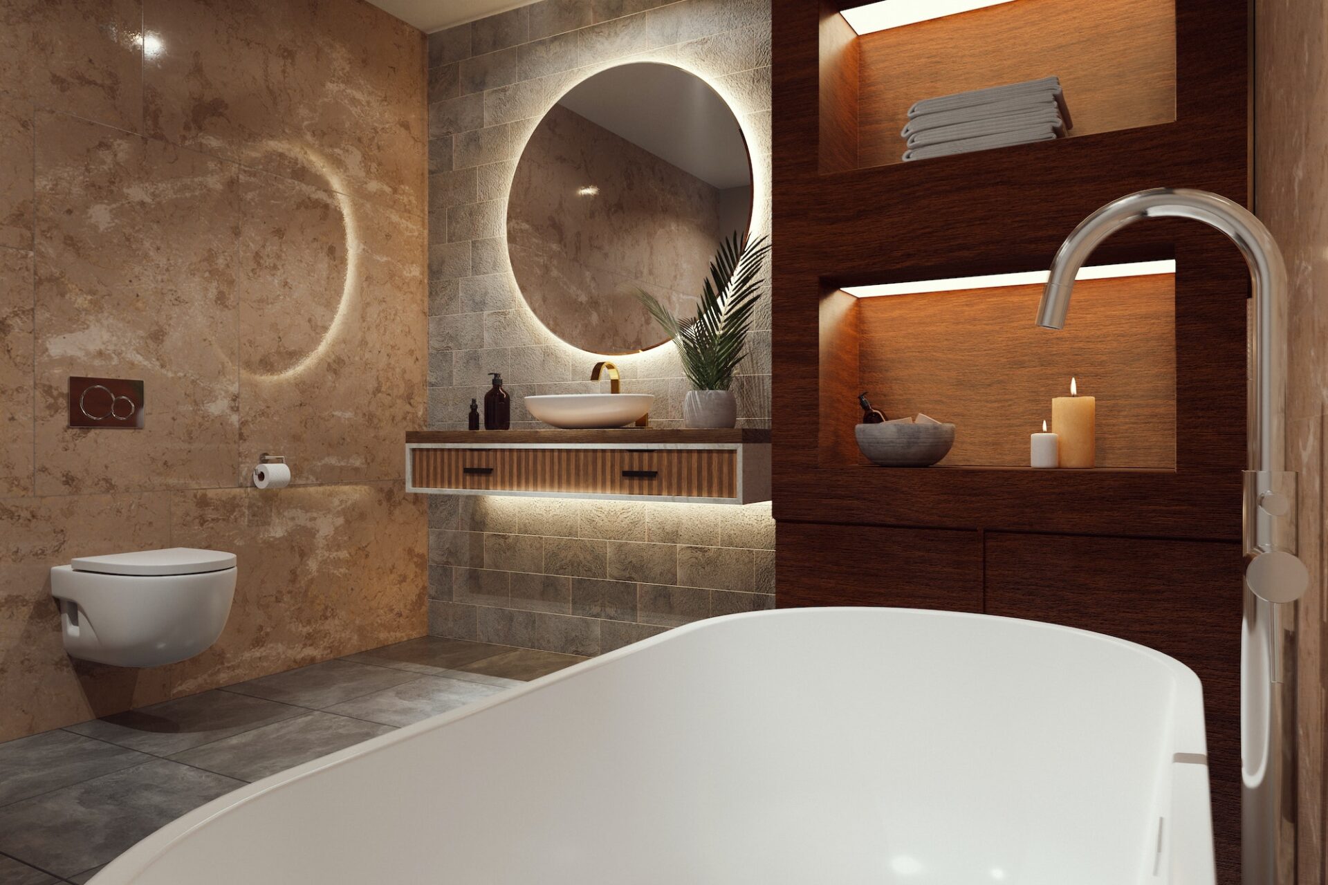 3D rendering bathroom, aromatherapy, relaxation, spa. Tiles, ceramics, wooden cupboard with candles