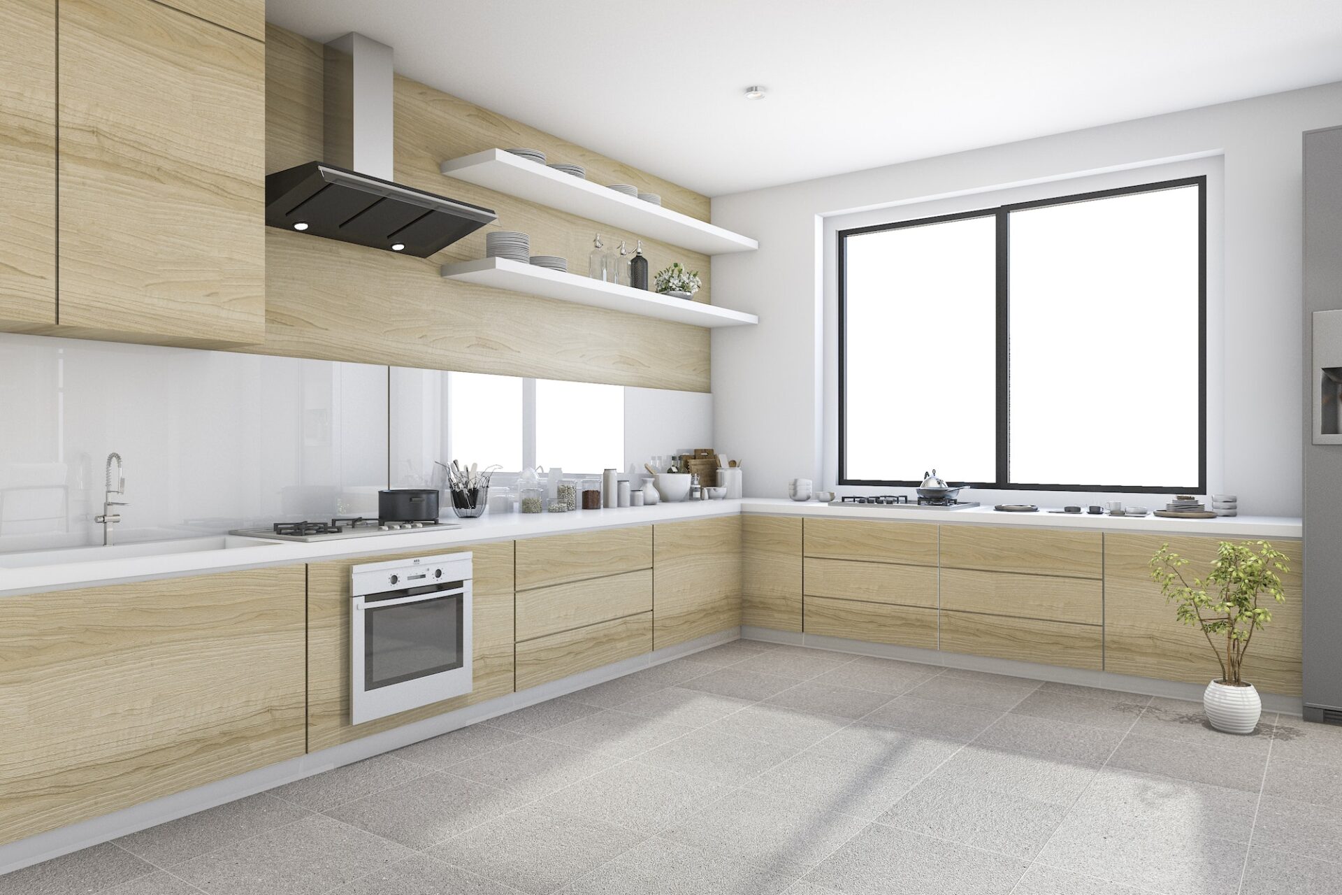 3d rendering white minimal kitchen with wood decoration built in
